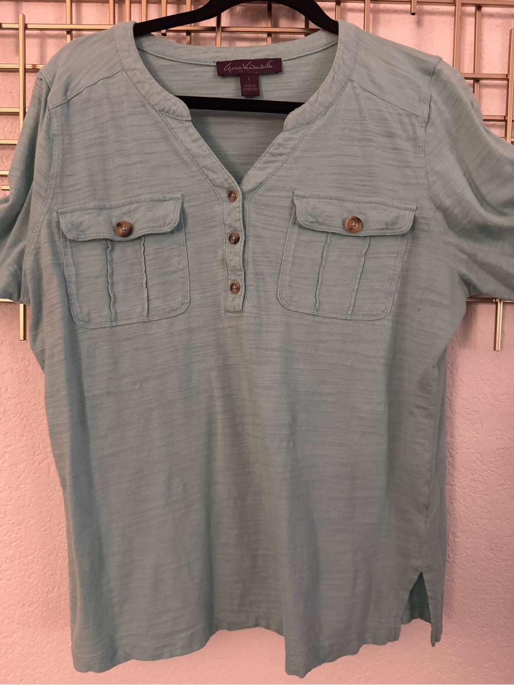 Gloria Vanderbilt Aqua Short Sleeve Henley Top